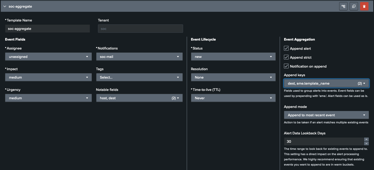 Aggregation template configuration