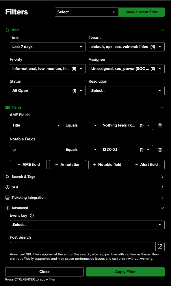 Event Filters Panel